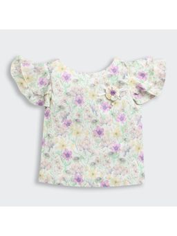 TINY GIRL - Ruffled Sleeves & Flower Applique Green Floral Printed Top