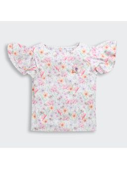 TINY GIRL - Ruffled Sleeves & Flower Applique Lavender Floral Printed Top