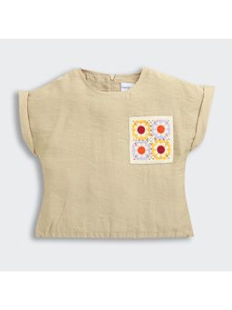 TINY GIRL - Khaki Crochet Floral Patch Pocket Fawn Cotton Top