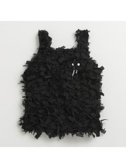 TINY GIRL - Fringe & Bow Details Textured Black Sleeveless Top