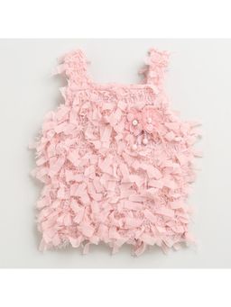 TINY GIRL - Fringe & Bow Details Textured Peach Sleeveless Top