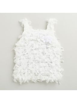 TINY GIRL - Fringe & Bow Details Textured White Sleeveless Top