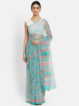 Fabindia - Blue Floral Hand Block Print Contrast Pallu Cotton Silk Saree without Blouse