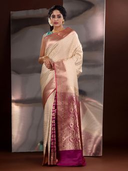 CHARUKRITI - Off White Katan Silk Zari Handwoven Saree with Unstitched Blouse