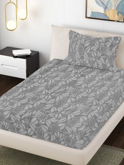FABINALIV - Light Grey Floral Single Bedsheet with Pillow Cover