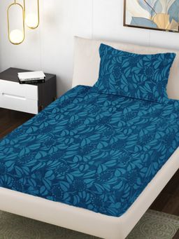 FABINALIV - Teal Floral Single Bedsheet with Pillow Cover