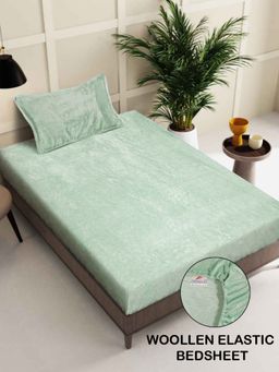 FABINALIV - Light Green Solid 300 TC Woollen Fitted Single Bedsheet with Pillow Cover
