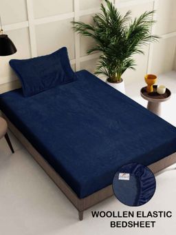 FABINALIV - Navy Blue Solid 300 TC Woollen Fitted Single Bedsheet with Pillow Cover