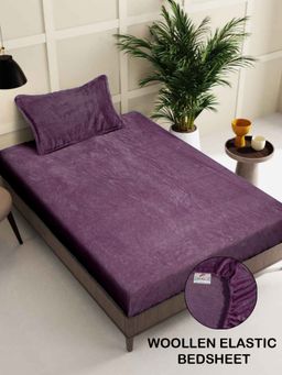 FABINALIV - Raisin Purple Solid 300 TC Woollen Fitted Single Bedsheet with Pillow Cover