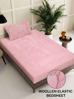 FABINALIV - Peach Solid 300 TC Woollen Fitted Single Bedsheet with Pillow Cover