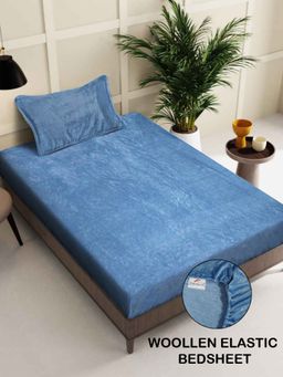 FABINALIV - Ice Blue Solid 300 TC Woollen Fitted Single Bedsheet with Pillow Cover