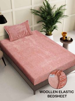 FABINALIV - Peach Solid 300 TC Woollen Fitted Single Bedsheet with Pillow Cover