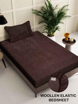 FABINALIV - Brown Solid 300 TC Woollen Fitted Single Bedsheet with Pillow Cover