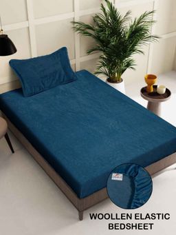 FABINALIV - Teal Solid 300 TC Woollen Fitted Single Bedsheet with Pillow Cover