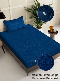 FABINALIV - Navy Blue Floral 300 TC Fitted Single Bedsheet with Pillow Cover