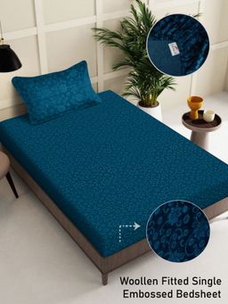 FABINALIV - Teal Floral 300 TC Fitted Single Bedsheet with Pillow Cover
