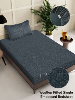 FABINALIV - Dark Grey Floral 300 TC Fitted Single Bedsheet with Pillow Cover