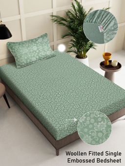 FABINALIV - Light Green Floral 300 TC Fitted Single Bedsheet with Pillow Cover