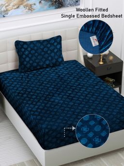 FABINALIV - Navy Blue Geometric 300 TC Fitted Single Bedsheet with Pillow Cover