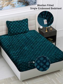 FABINALIV - Teal Geometric 300 TC Fitted Single Bedsheet with Pillow Cover