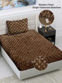 FABINALIV - Brown Geometric 300 TC Fitted Single Bedsheet with Pillow Cover