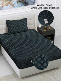FABINALIV - Green Geometric 300 TC Fitted Single Bedsheet with Pillow Cover