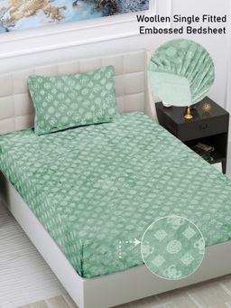 FABINALIV - Light Green Geometric 300 TC Fitted Single Bedsheet with Pillow Cover