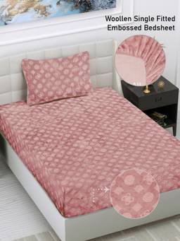 FABINALIV - Peach Geometric 300 TC Fitted Single Bedsheet with Pillow Cover