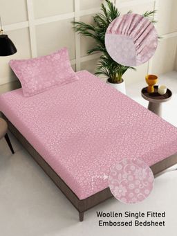 FABINALIV - Baby Pink Floral 300 TC Fitted Single Bedsheet with Pillow Cover