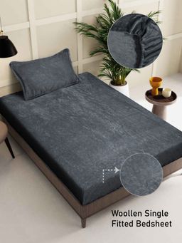 FABINALIV - Dark Grey Solid 300 TC Woollen Fitted Single Bedsheet with Pillow Cover