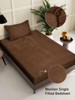 FABINALIV - Brown Solid 300 TC Woollen Fitted Single Bedsheet with Pillow Cover