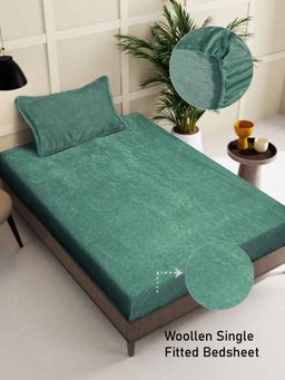 FABINALIV - Sunny Green Solid 300 TC Woollen Fitted Single Bedsheet with Pillow Cover
