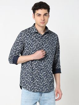 R&B - Navy Blue Printed Regular Shirt