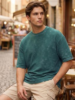 Bewakoof - Forest Green Textured Oversized Acid Wash T-Shirt