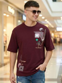 Bewakoof - Tawny Port Maroon Embroidered Oversized T-Shirt