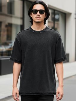 Bewakoof - Black Textured Oversized Acid Wash T-Shirt