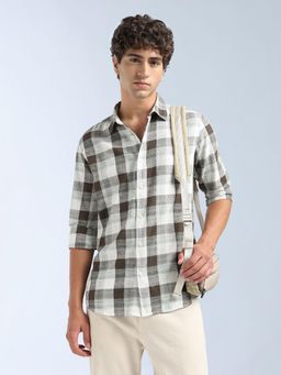 Flying Machine - Brown Grid Tattersall Checked Slim Fit Shirt