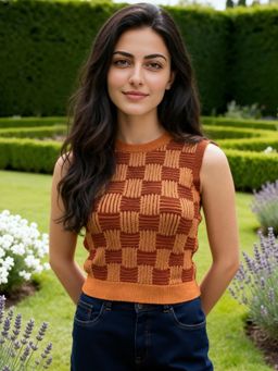 ZUMMER - Seamless cotton knitted Textured Sleeveless Top - Brown