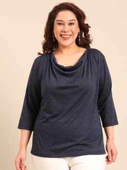 THE PINK MOON - Navy Lurex Cowl Neck Top - Navy Blue