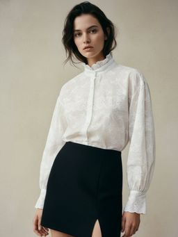 Outzidr - Off White Textured Ruffle Neck Blouse