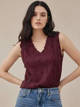 Outzidr - Burgundy Lace Self Design Top