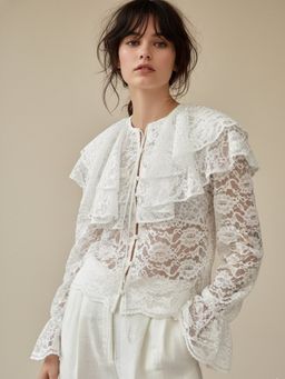 Outzidr - White Lace Round Neck Front Button Down Top