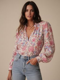 Outzidr - Multi Mandarin Collared Floral Printed Blouse - Multi-Color