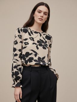 Outzidr - Beige Back Bow Detailed Floral Printed Top