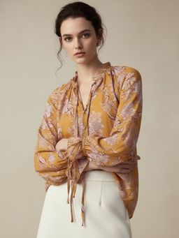 Outzidr - Mustard Floral Printed Crinkle Textured Ruffled Neck Tie Up Blouse