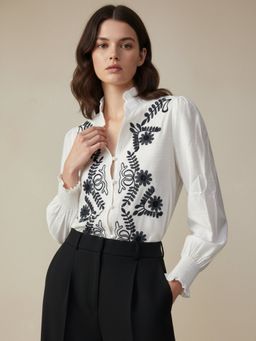 Outzidr - White Off Sleeved Ruffle Hem Blouse