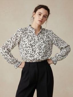 Outzidr - Beige Floral Printed Cuffed Blouse