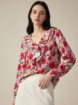 Outzidr - Red Floral Printed V-Neck Blouse - Multi-Color