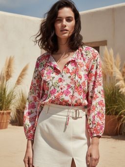 Outzidr - Multi-Color Round Neck Floral Printed Tie Up Top