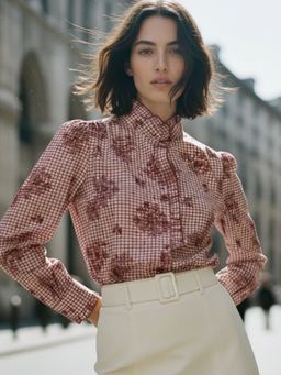 Outzidr - Red Full Sleeved Ruffle Neck Printed Blouse